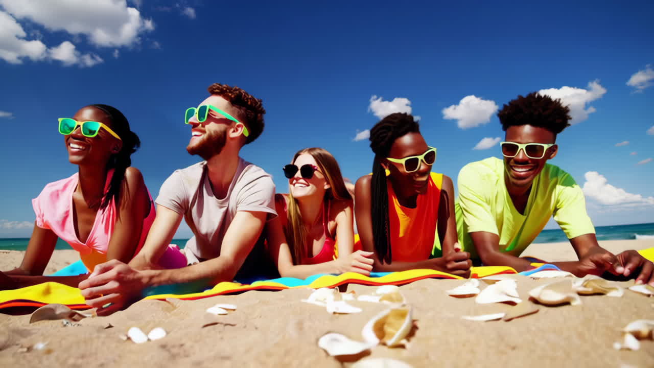 친구 들 이 해변 에서 빛 을 즐기는 날