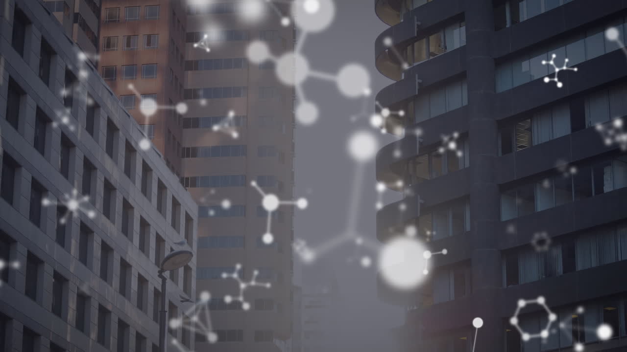 도시 풍경 위에서 움직이는 모양의 애니메이션