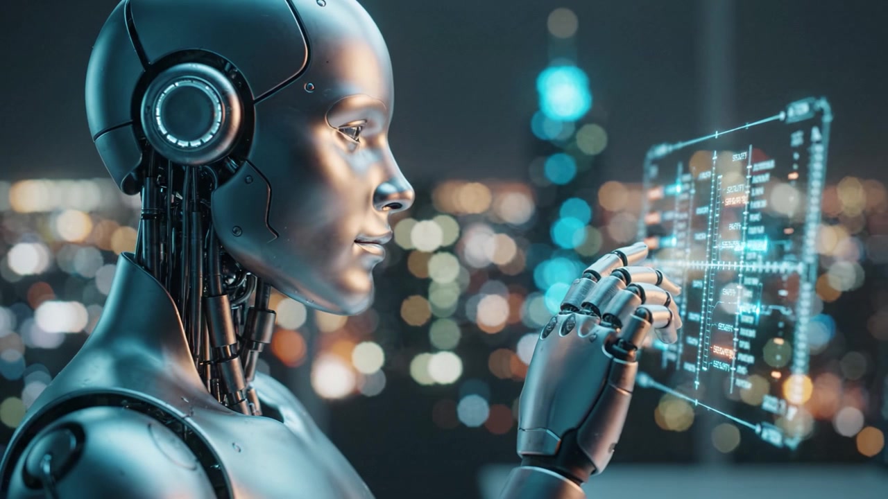 An advanced humanoid robot interacts with a futuristic interface, showcasing artificial intelligence in a high-tech urban environment at night, with vibrant city lights in the background.