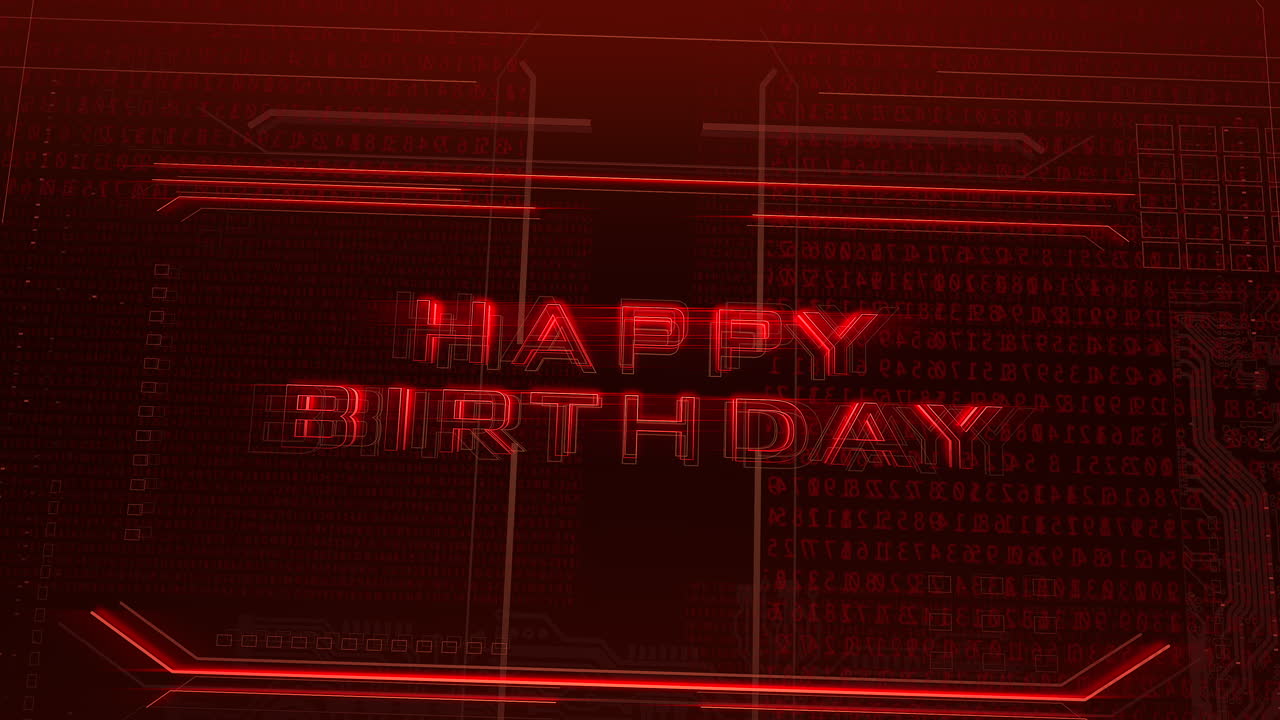 Happy Birthday on digital screen with HUD elements