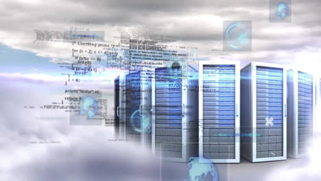 Animation of digital data and globe icons floating around cloud computing servers