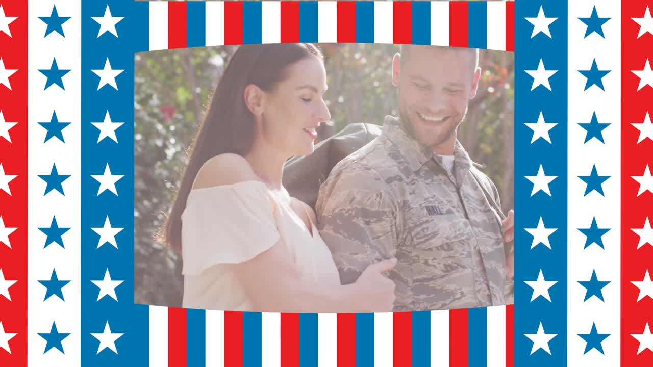 animación de la bandera de los estados unidos de américa sobre un soldado feliz con su esposa