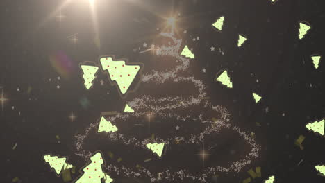 animación de los iconos del árbol de navidad cayendo sobre el punto de luz y la estrella fugaz formando un árbol de navidad.