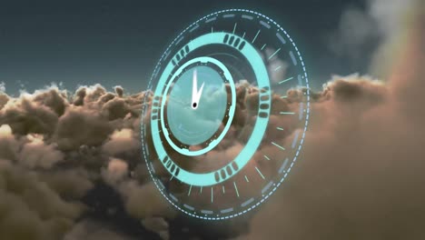 animation of rotating safe lock with clock hand over clouds