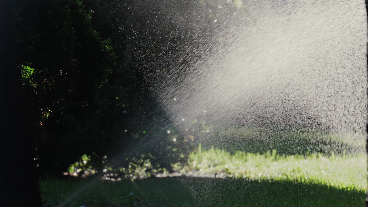 A garden sprinkler sprays water into the air, with sunlight reflecting off the droplets in a green park