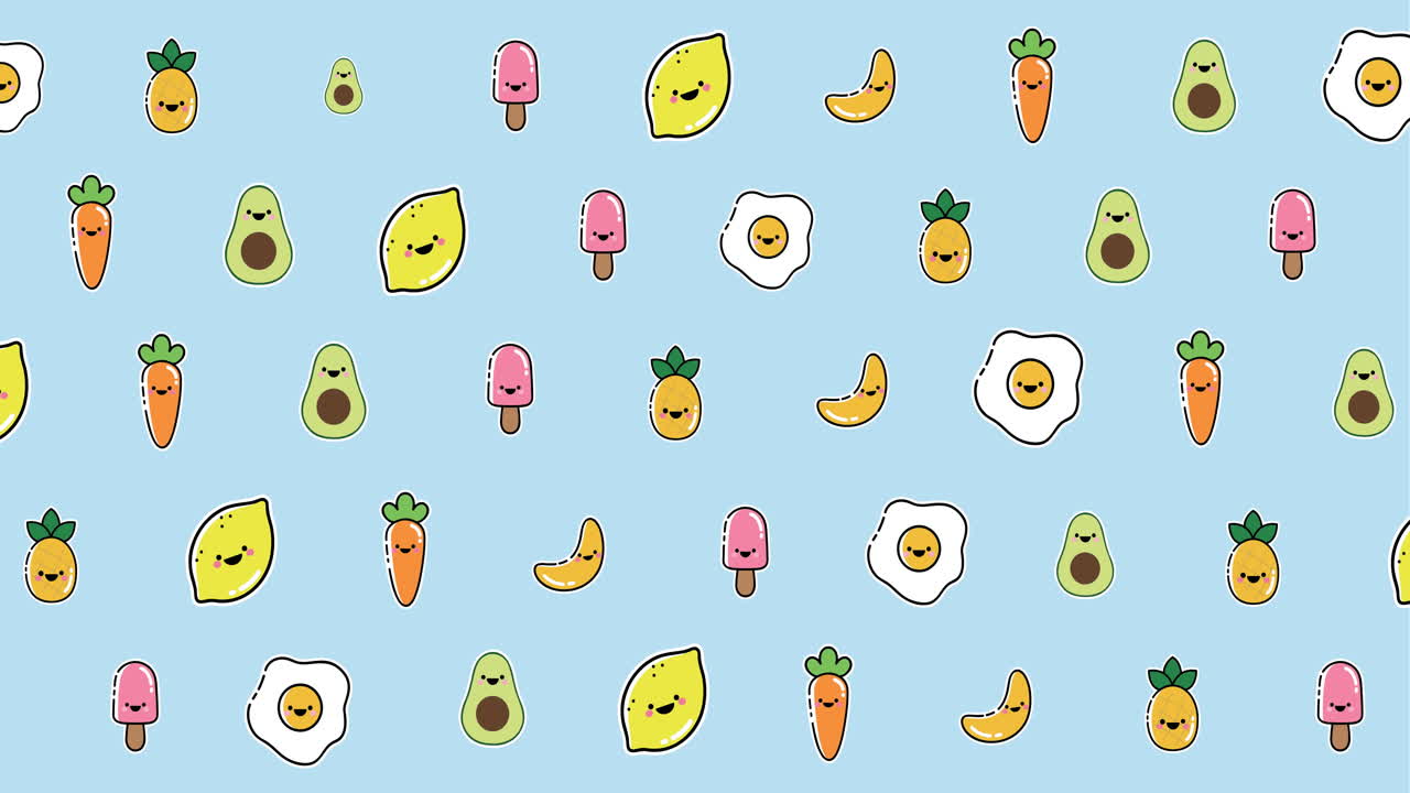 animación de diversos dibujos animados de comida flotando sobre un fondo azul