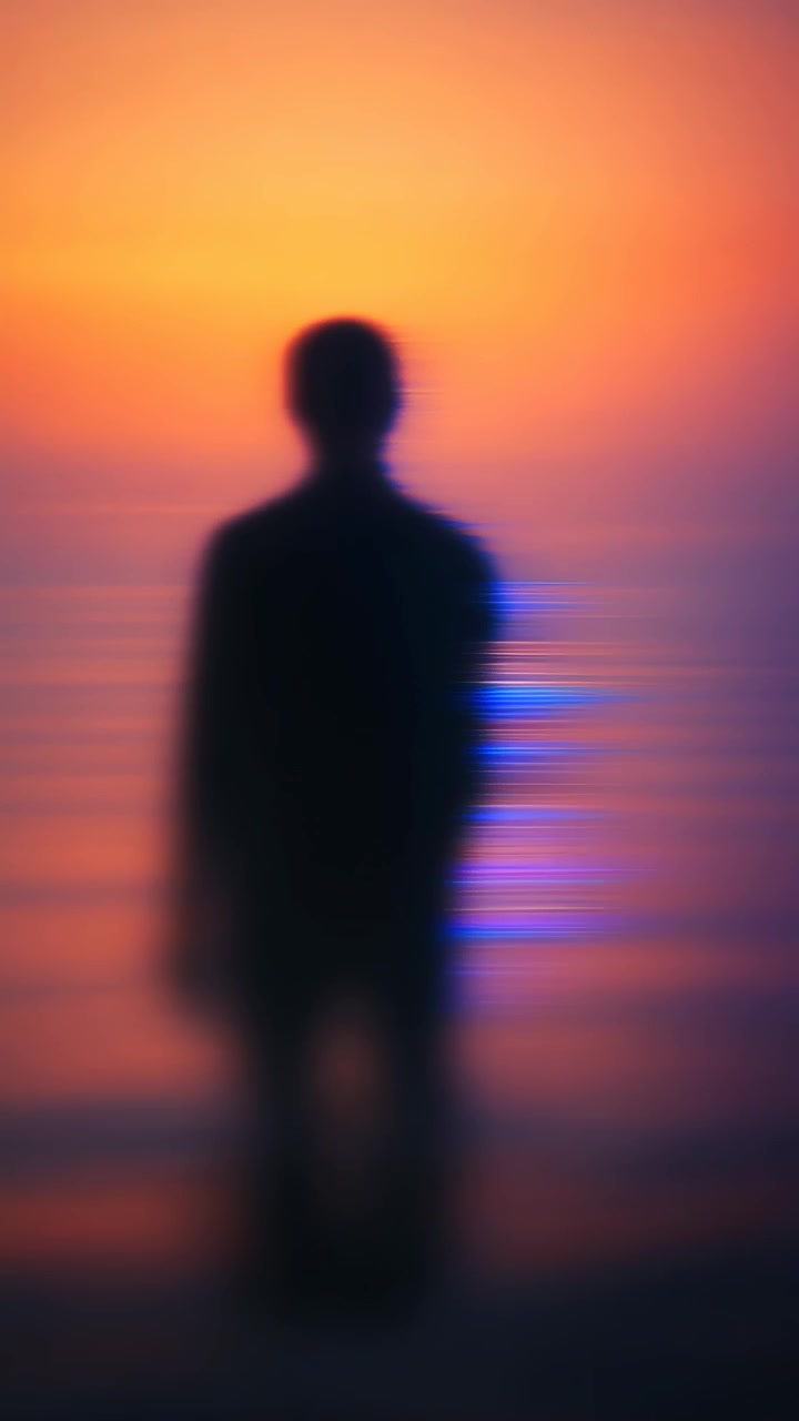 Silhouette sfocata di una persona in piedi nell'oceano al tramonto