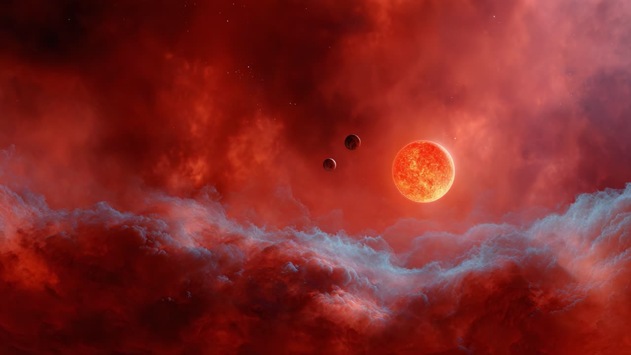 A Stunning Cosmic Scene depicting a Bright Red Star Amidst a Spectacular Red Nebula with Three Orbiting Planets, Capturing a Breathtaking View of Outer Space