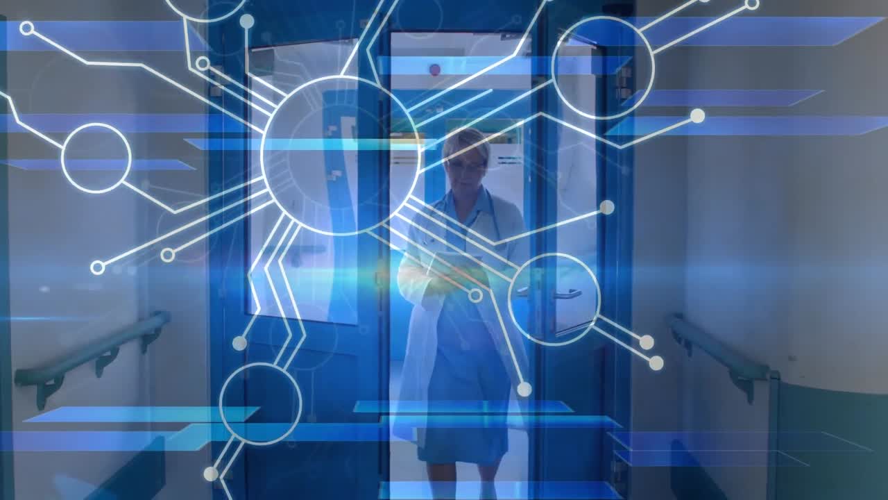 animación de la red de conexiones sobre una doctora caucásica caminando por el pasillo