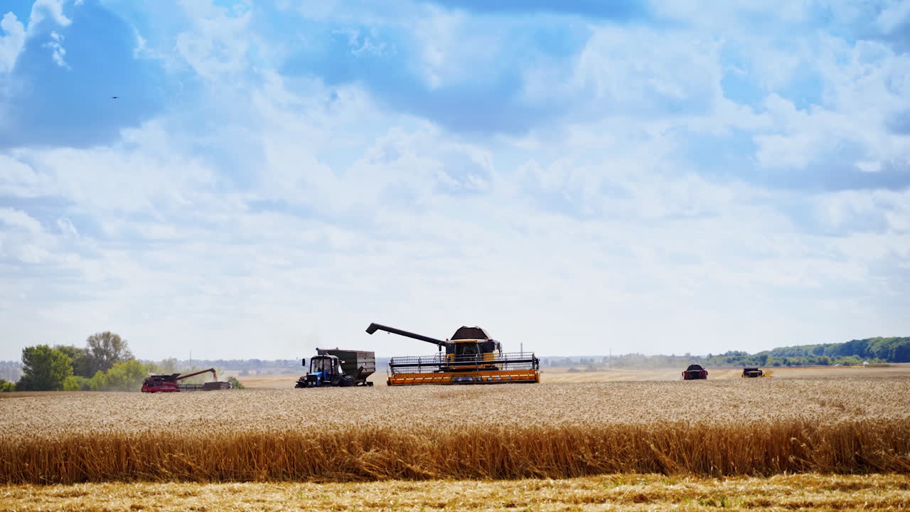 Agricultural machinery during seasonal works. Combine harvester and tractor working on the field in the countryside in a bright summer day.
