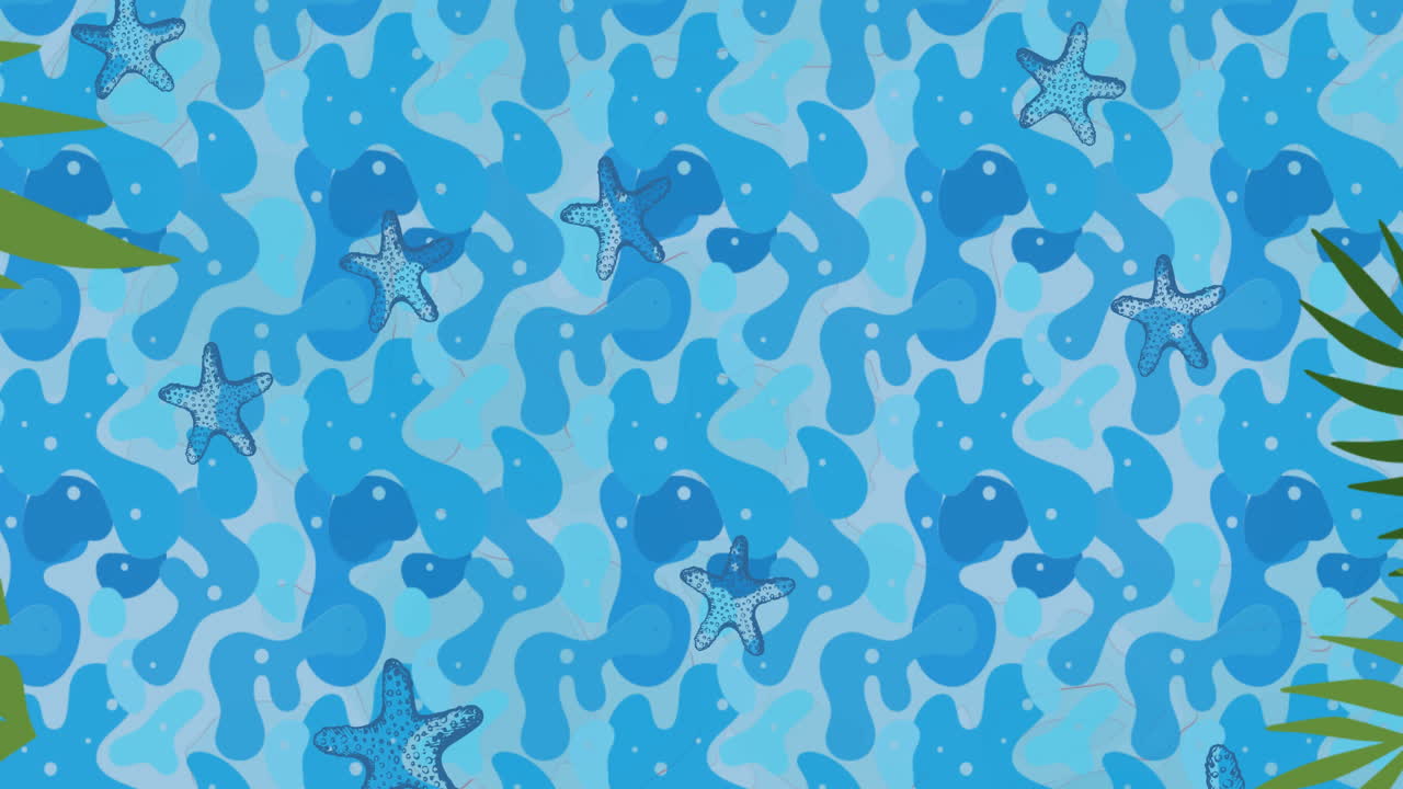 Animation of rows of repeated starfish falling on blue water pattern background