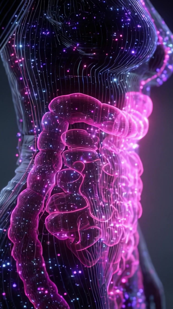 Esplorando le Complessità del Sistema Digestivo Umano: Un Viaggio Attraverso una Visualizzazione Vibrante e Cosmica nell'Arte Digitale