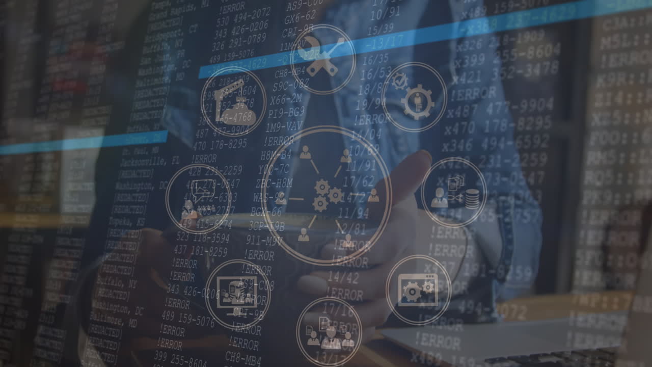 animación de procesamiento de datos con red de conexiones sobre mujer biracial bebiendo café.