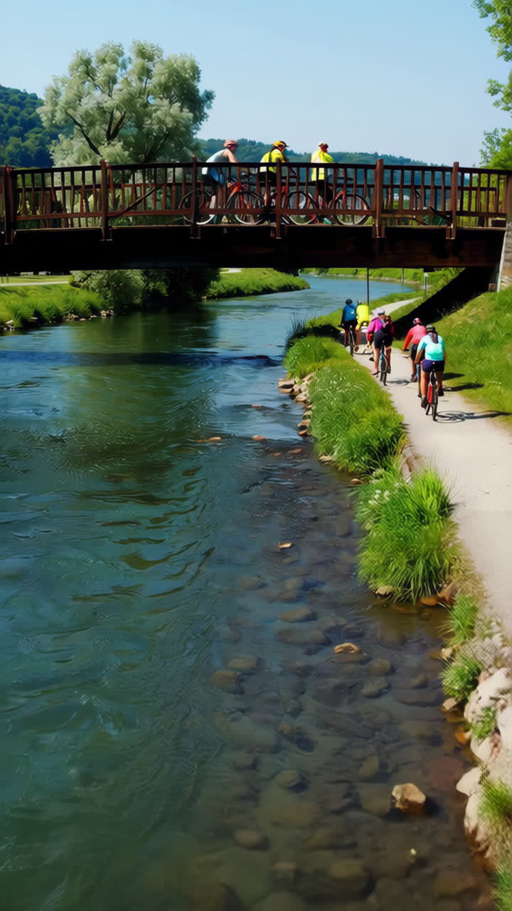 People Cycling Along a River Path Under a Bridge