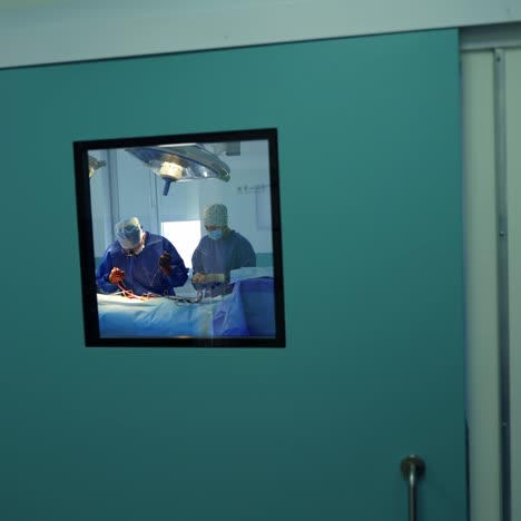 surgical process by specialists. doctor and assistant use sterile surgical instruments during operation in clinic. view through the small window from corridor