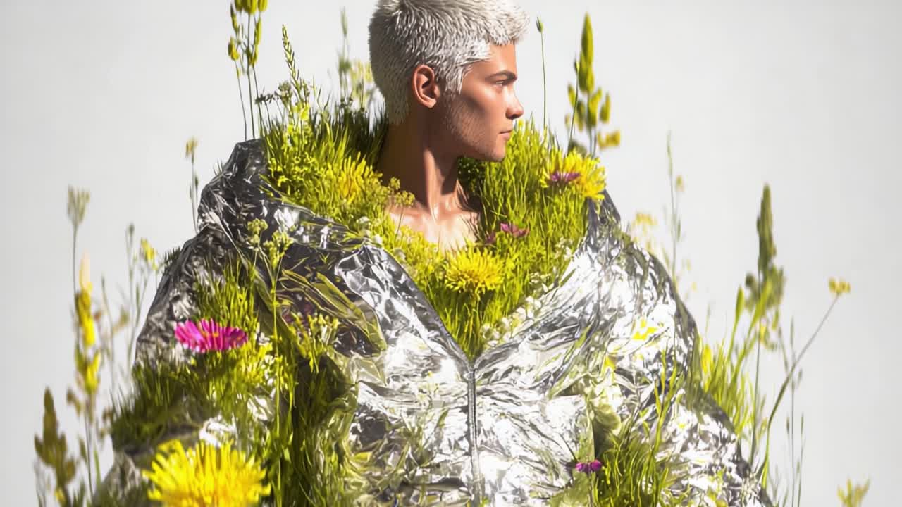 A stunning transformation of fashion and nature, blending vibrant flowers and a silver metallic jacket, showcasing a unique model embodying a captivating harmony between modern style and the beauty of the environment