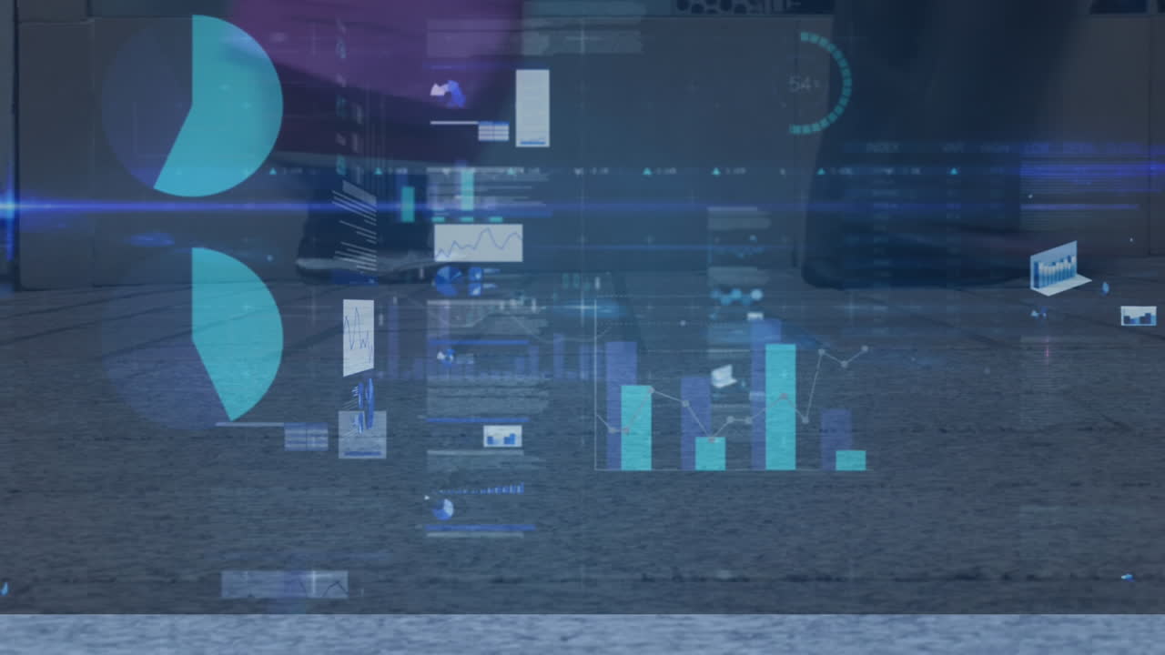 animación del procesamiento de datos financieros sobre diversas personas que caminan por la calle