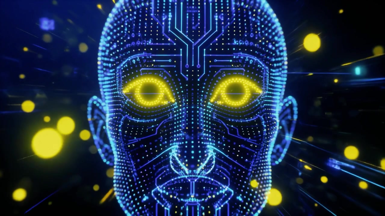 Testa Umana Digitale con Circuiti Luminosi e Interfaccia di Intelligenza Artificiale