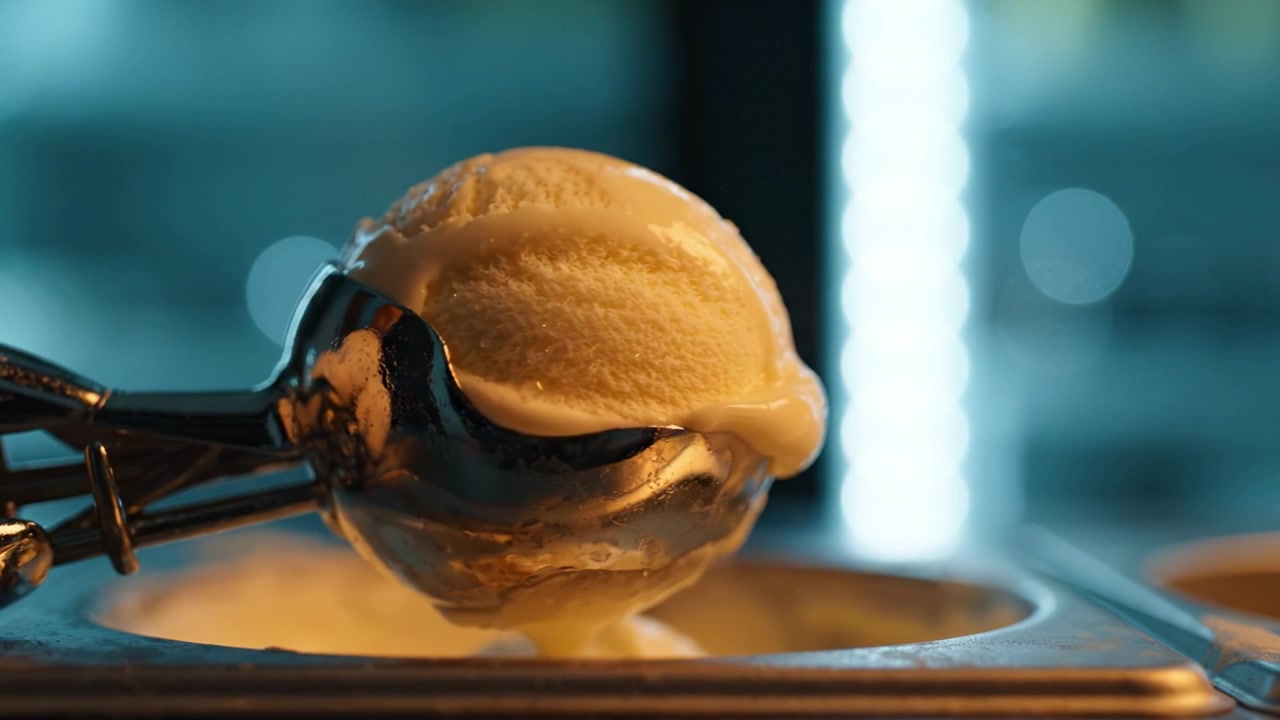 Primo piano di una pallina di cremoso gelato alla vaniglia, servita con un porzionatore in acciaio inossidabile, che ne esalta la consistenza vellutata e la bontà.