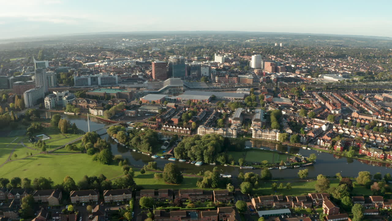 Circling aerial shot over Fry's Island river thames Reading UK