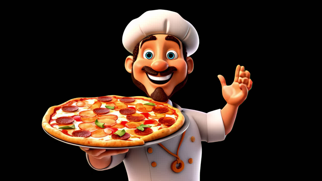 Cartoon chef presenting delicious pizza animation isolated asset ...
