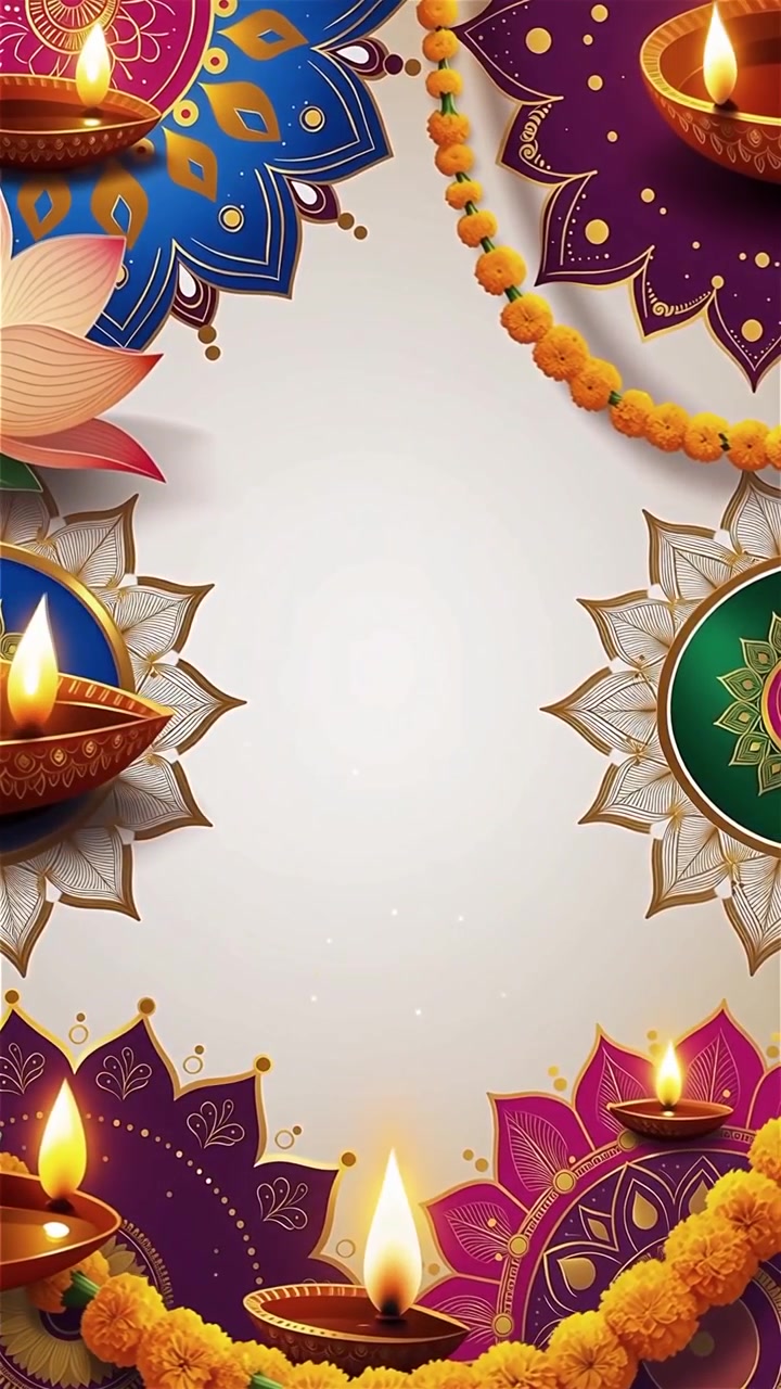 Sfondo Diwali con Diyas luminosi, Rangoli e fiori di loto