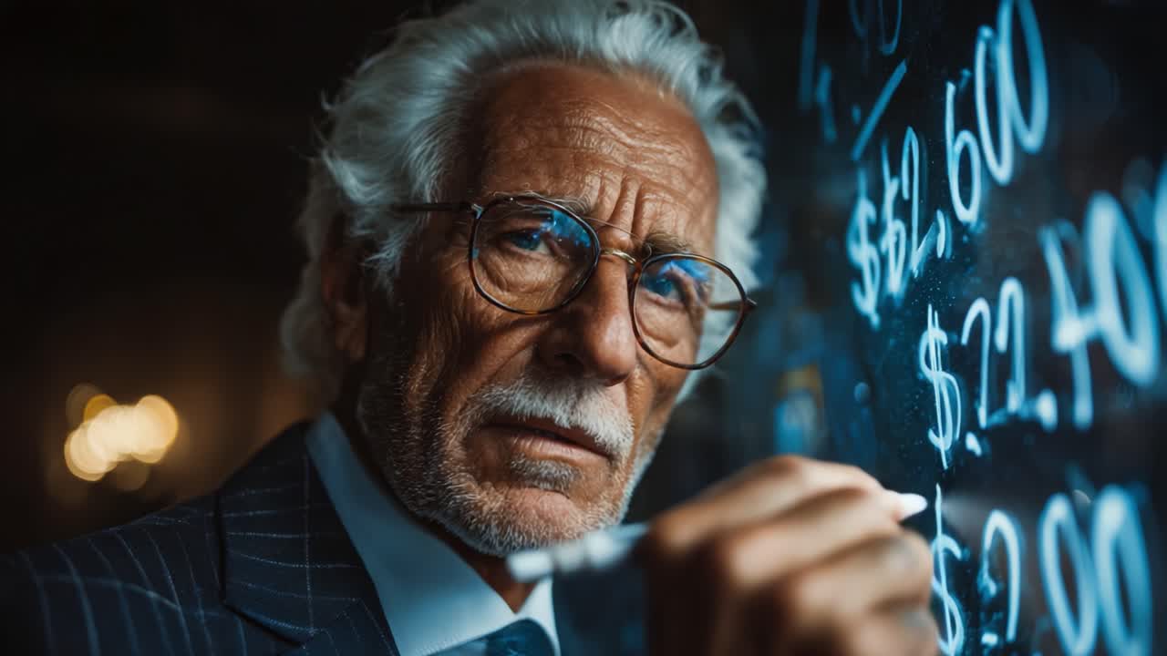 A Thoughtful Elderly Man Analyzing Financial Data on a Dark-Illuminated Surface, Capturing a Moment of Deep Reflection and Concentration in a Professional Setting