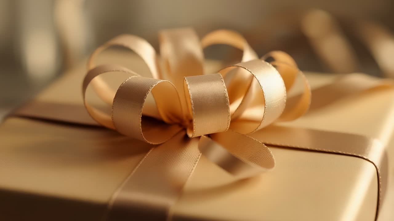 Opening close-up panning camera revealing gold gift box in studio, highlighting satin ribbon bow