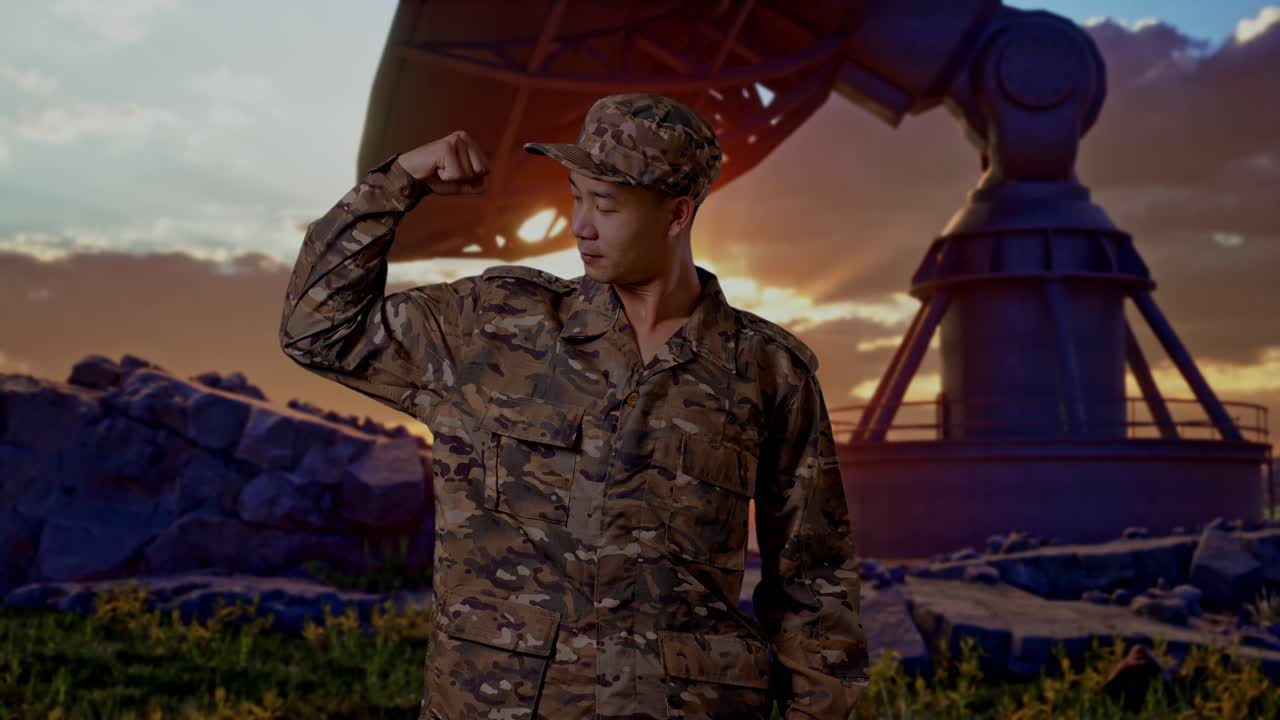 Asian Man Soldier Smiling And Flexing His Bicep While Standing With Satellite Dish