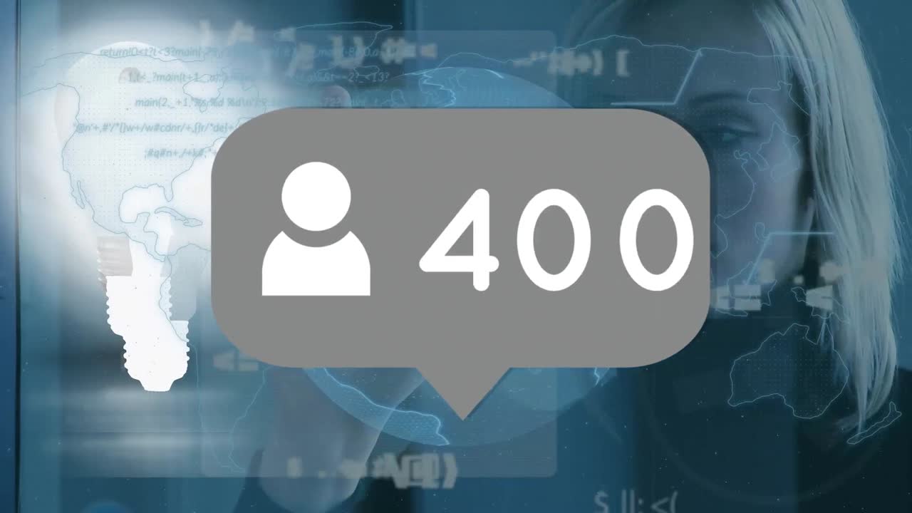 animación de iconos de redes sociales y números sobre procesamiento de datos y mujer caucásica