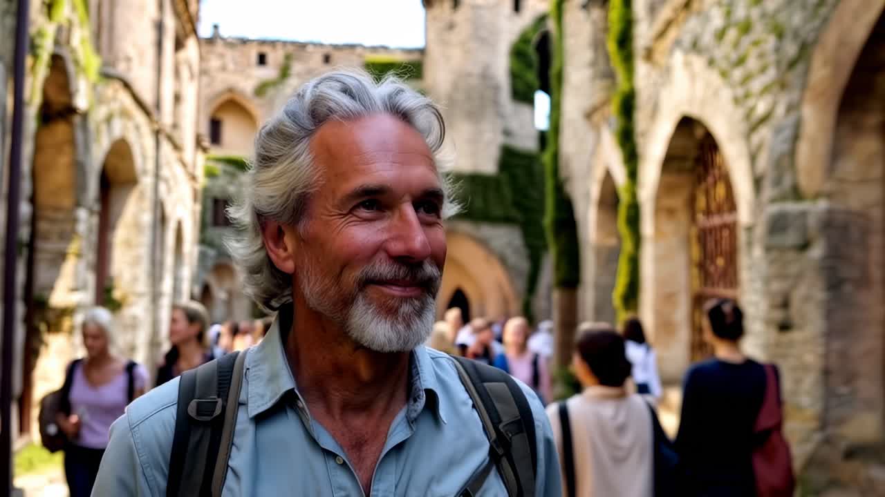 Older man on vacation, tourist in an old European village.
