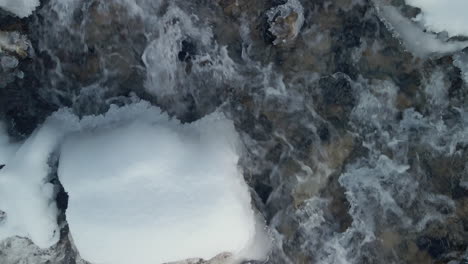 frozen lake running with water winter scenery: chilly landscape with melting ice and snow