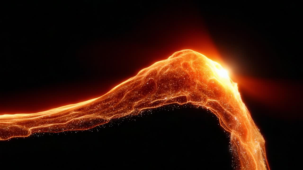 A mesmerizing flow of luminous energy captures the eye, showcasing a brilliant orange and golden hue that cascades gracefully, creating an ethereal visual experience against a dark backdrop