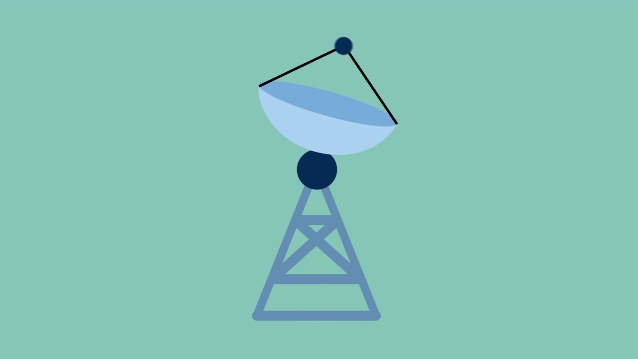 Antenne parabolique animée en rotation sur un fond uni.
