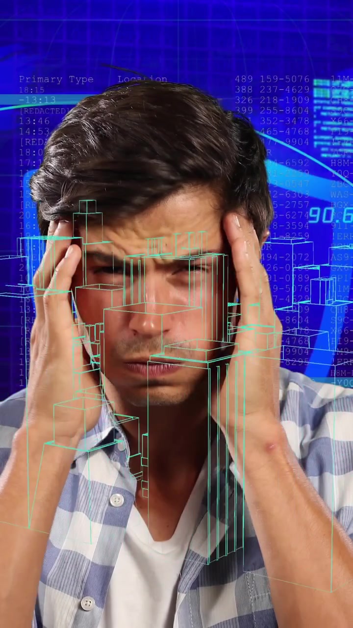Animation of digital city and data processing over caucasian man thinking