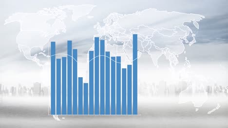 animation of world map and financial graphs over cityscape