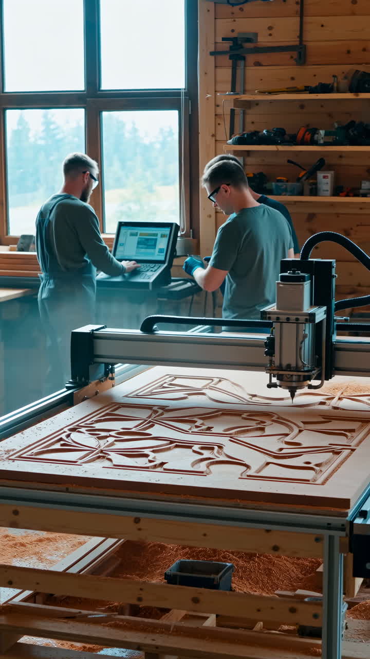 Men operating a CNC router in a woodworking workshop