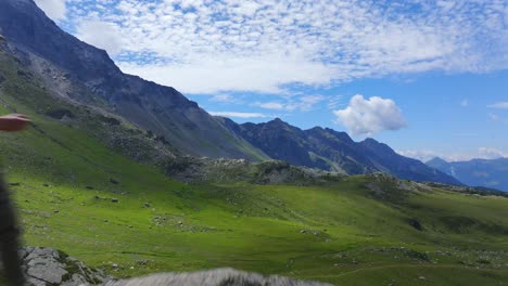 man standing on rock piloting drone with remote controller surrounded by nature of campagneda in valtellina, italy