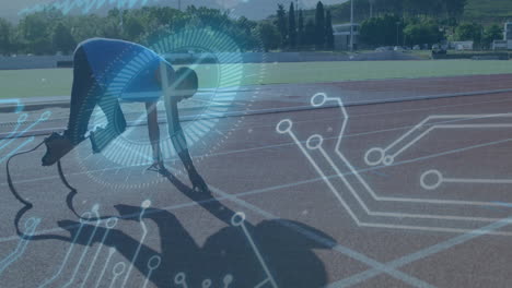 placa de circuitos y animación de procesamiento de datos sobre el atleta que se prepara para correr en la pista