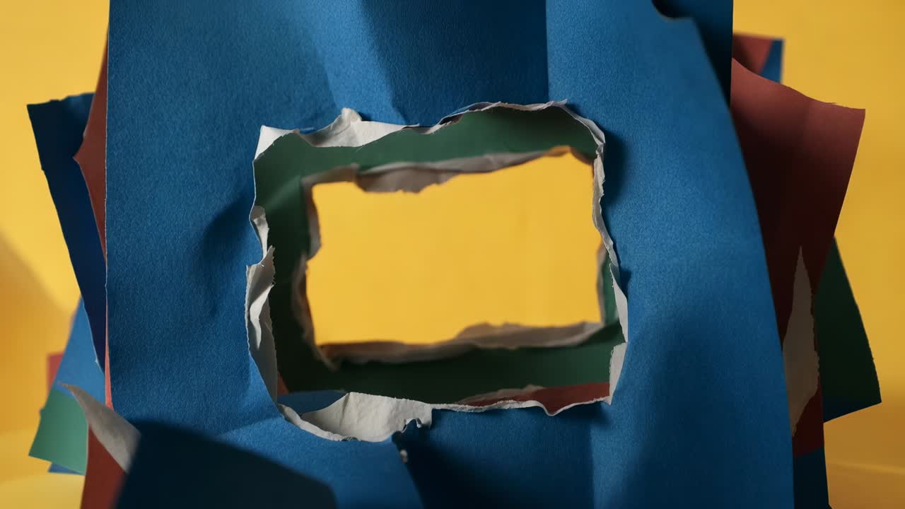 Zooming camera moving closer through torn paper stack on tabletop, revealing blue green yellow