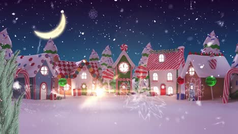 Texto-De-Feliz-Navidad-Y-Copos-De-Nieve-Cayendo-Sobre-Varias-Casas-En-El-Paisaje-Invernal