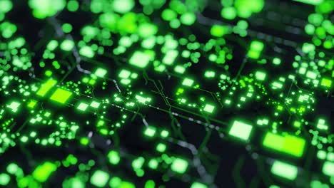 abstract digital circuit pattern with glowing green lights and dark background. 3d render of futuristic technology board. artificial intelligence and data processing concept. design for banner