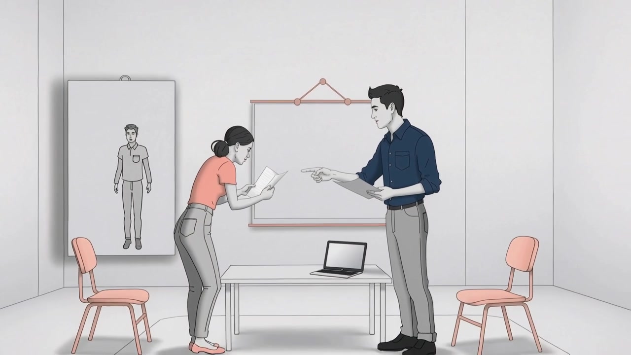 Handing documents, interviewer pointing while candidate reading at interview, orange top, laptop
