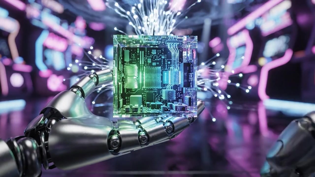 Futuristic Robotic Hand Holding a Glowing Circuit Cube in an Arcade-Like Environment with Neon Lights and Digital Displays in the Background