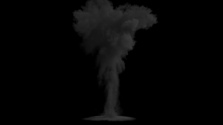 A nuclear explosion with thick black smoke, an explosion on an isolated black background with an alpha channel, an explosion of fire and fuel, a giant explosion of real gas. VFX animation.