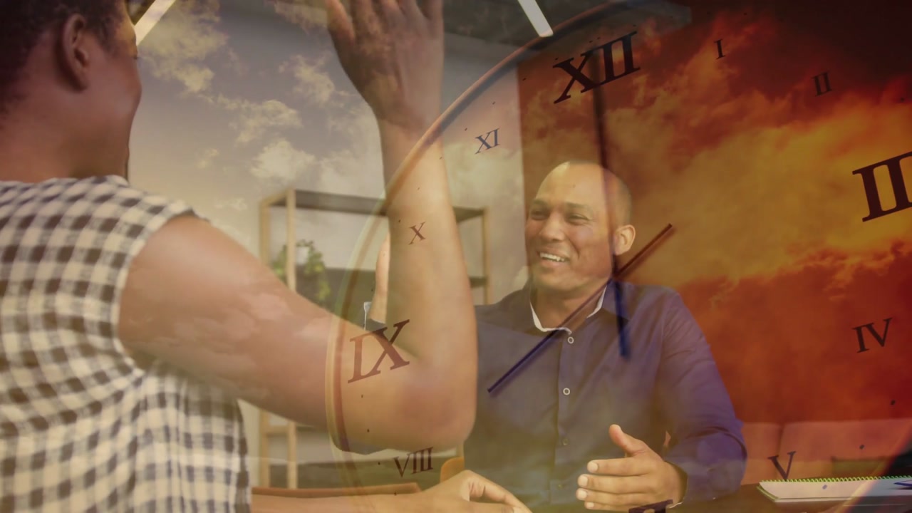 Woman handing paper across desk causing business review under clockface sky overlay ending highfive