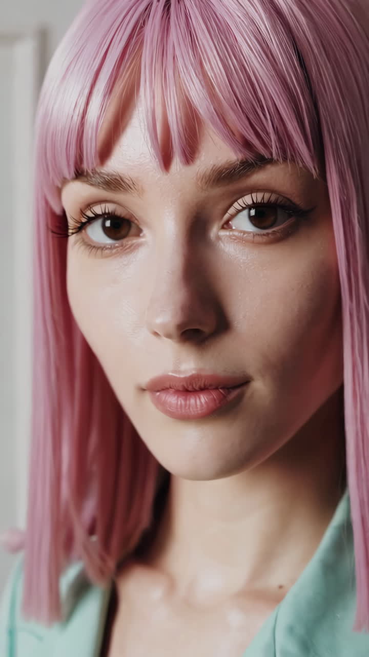 женщина с розовыми волосами и мятно-зеленой курткой