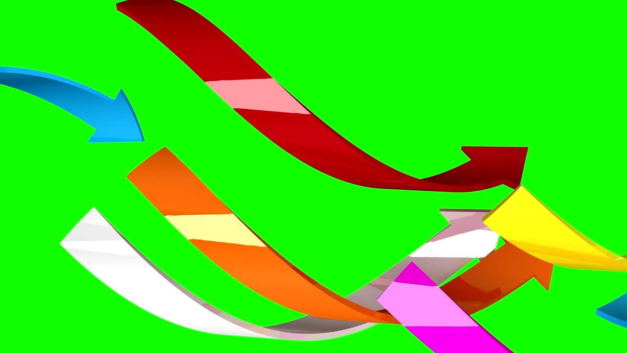 flechas de varios colores sobre fondo verde, animación 3d, bucle sin costuras
