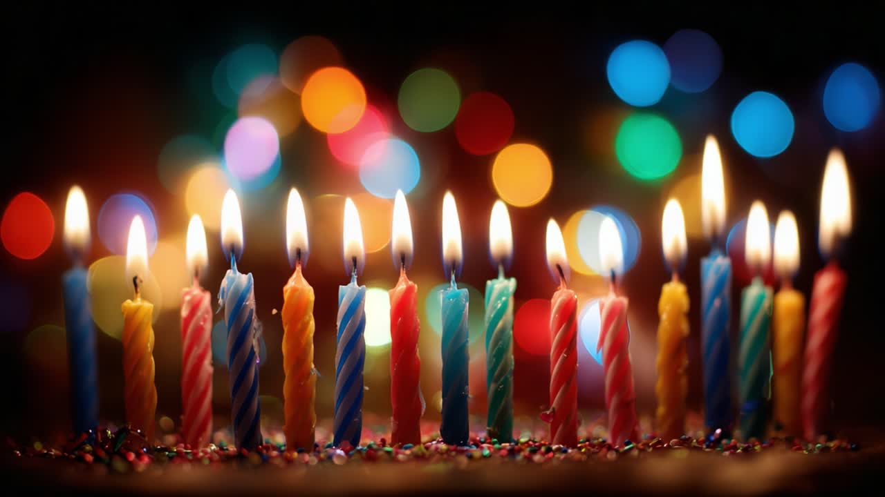 A Vibrant Display of Colorful Candles Illuminating the Night, Heralding Celebration and Joy through Their Dancing Flames and Festive Background Bokeh Lights