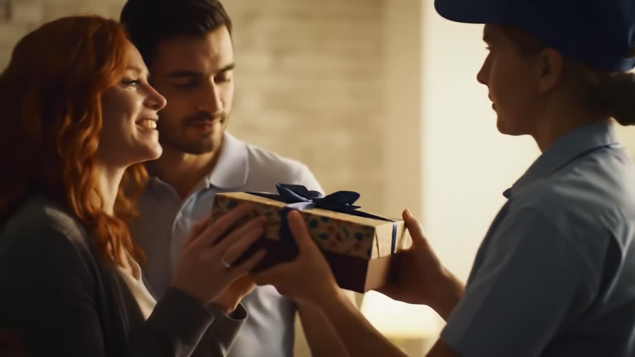 A couple enjoys a pleasant moment as they receive a surprise gift from a friendly delivery person in their warmly lit living room. The atmosphere is lively and joyous.
